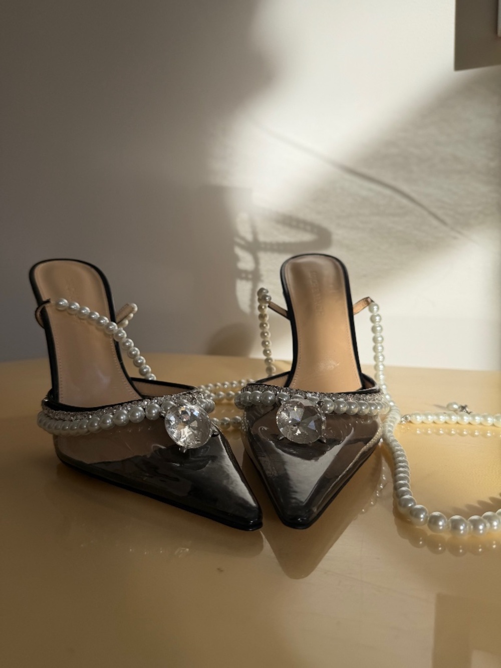 Mach & Mach Black Patent Pearl Crystal Mules